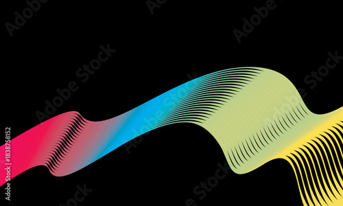 Abstract vector in colorful gradations on a dark background. Modern, dynamic and futuristic wavy lines. Suitable for technology designs, digital posters, presentation backgrounds and creative graphic.