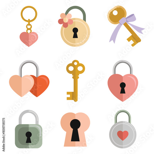 Romantic keychain and heart lock elements collection, pastel love symbols gift accessories flat vector illustration