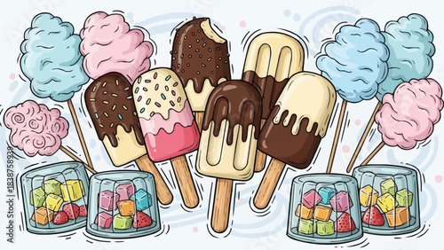 Assortment of Sweet Treats Including Popsicles Cotton Candy and Gummy Candies.