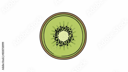 A vibrant slice of kiwi fruit showcasing its distinctive green flesh and black seeds.
