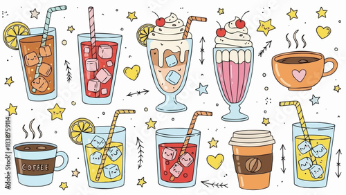 Colorful Hand-Drawn Collection of Refreshing Beverages and Hot Drinks.