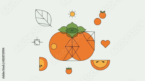 Stylized Illustration of Ripe Persimmons with Geometric Elements.