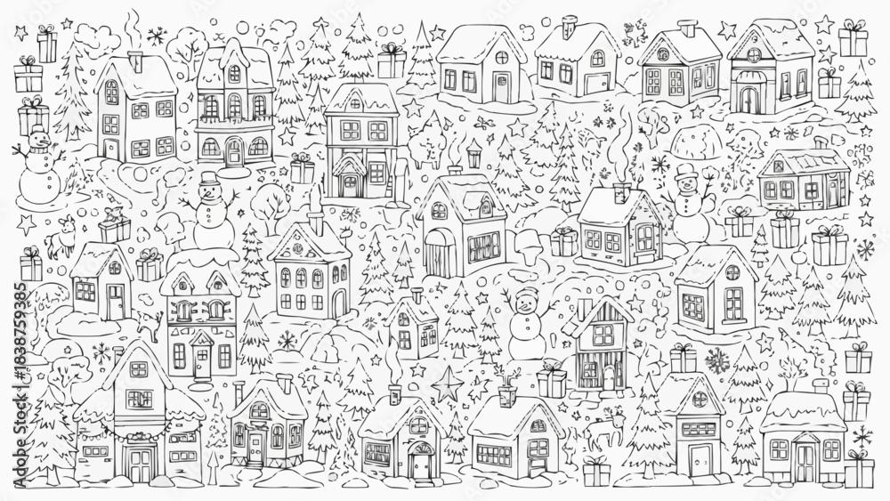 Naklejka premium Winter Wonderland Doodle Art with Charming Houses and Snowy Trees.