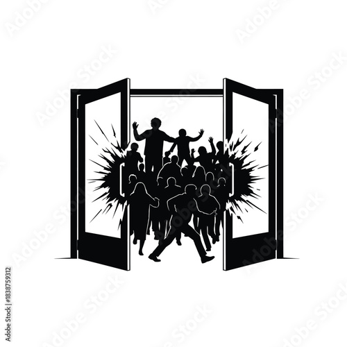 Energetic crowd bursting through open doors silhouette