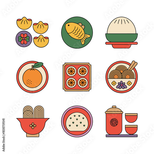 Cultural celebration cuisine icon collection with fruits pastries noodles soup tea bowls flat vector illustration festival food set