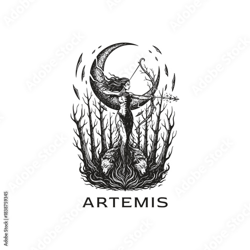 Hand drawn illustration of Artemis, the Greek goddess of the hunt. Black and white ink sketch of a female archer holding a bow and arrow, accompanied by wolves and a crescent moon in a vintage tattoo 