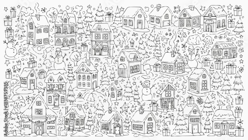 Winter Wonderland Doodle Art with Charming Houses and Snowy Trees.