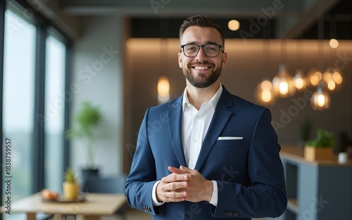 Successful business person. Portrait of male entrepreneur standing in office, posing with folded hands smiling at camera. High quality