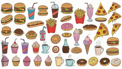 Collection of Fast Food Items and Desserts Assortment.
