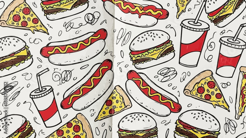 Delicious Fast Food Assortment with Hot Dogs Burgers and Pizza Slices.