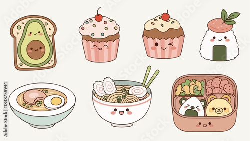 Adorable Kawaii Food Collection with Ramen, Cupcakes, and Onigiri.