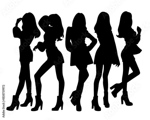 Female idol group silhouette, group of beautiful women dancing and posing, isolated icon on white background, type 6
