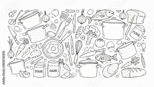 Hand drawn kitchen utensils and food ingredients doodle set.