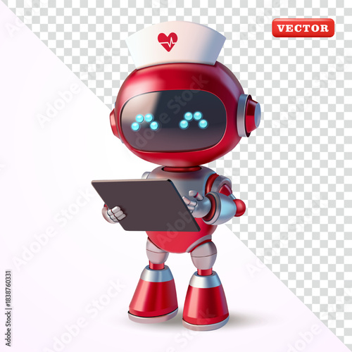 Robot nurse using tablet, 3D vector. Suitable for technology and healthcare