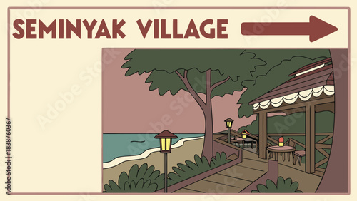 Whimsical arrow sign with beach art guiding to Seminyak Village resort area