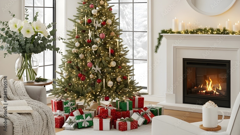Obraz premium Luxury Christmas tree and gifts in a decorated home interior room with a festive fireplace and holiday lights