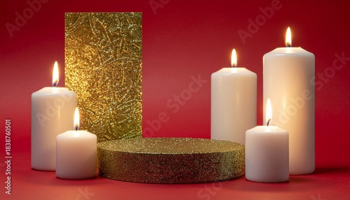lit candle and luxury red studio with podium display.