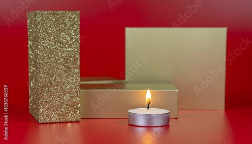 lit candle and luxury red studio with podium display.