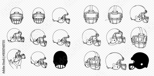 Collection of detailed line art American football helmets in various angles and styles for sports design.