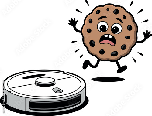 Cartoon chocolate chip cookie running from robot vacuum cleaner fleeing scared
