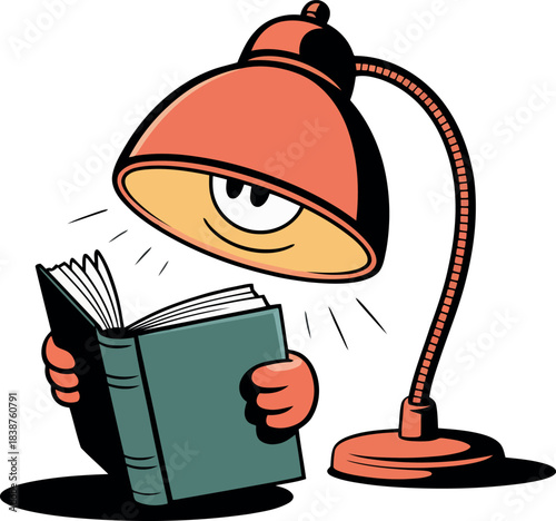 Cartoon desk lamp illuminates open book held by hands reading light