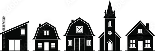 Set of black vector silhouettes featuring rural farm buildings including a barn, church, and houses arranged in a row on white.