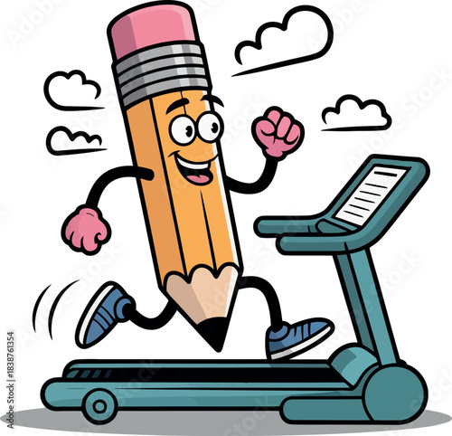 Cartoon pencil character running on a treadmill with clouds exercise fitness