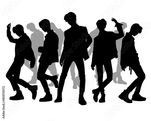 Male idol group silhouette, kpop idol dancing, icon isolated on white background, vector illustration 6
