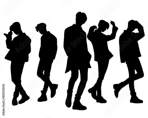 Male idol group silhouette, kpop idol dancing, icon isolated on white background, vector illustration 8