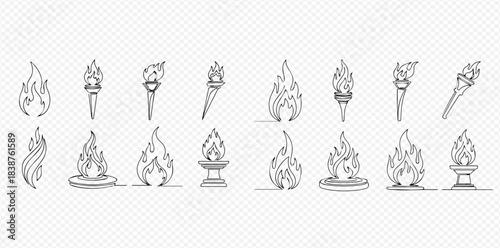 Set of various flame and torch designs in a continuous line art style.