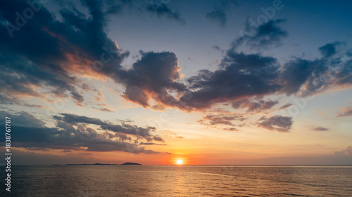 Fototapeta Naklejka Na Ścianę i Meble -  Aerial of Cloud with sunset sky background in Thailand,Cloudscape time lapse background Dark red purple sunset sky Nature background, sunset in the clouds