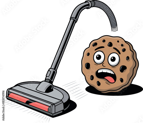 Chocolate chip cookie with scared face running from vacuum cleaner cookie character