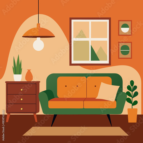 Cozy living room scene with sofa and nightstand isolated on transparent background