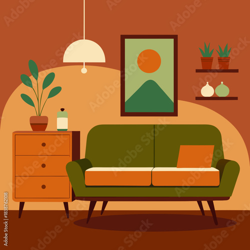 Cozy living room scene with sofa and cabinet isolated on transparent background