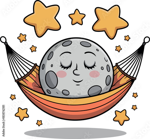 Cute cartoon moon sleeping in a hammock surrounded by stars night