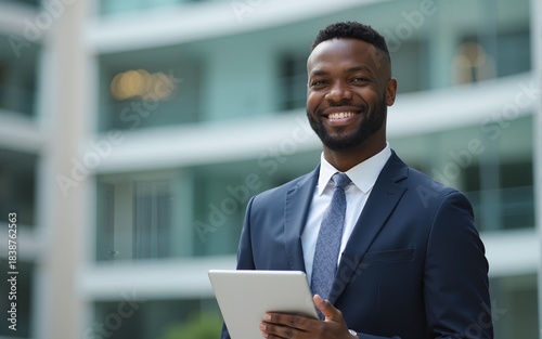 Portrait of a smiling young Black man in a business suit, holding a tablet in a modern office building.  He exudes confidence and success. High quality