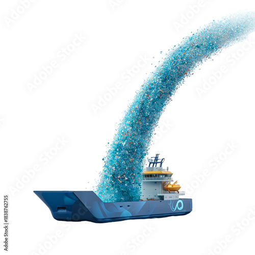 Front view of a sleek cleanup vessel with a large stream of trash being removed.