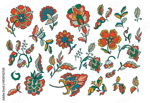 Bright folk floral clipart set vector