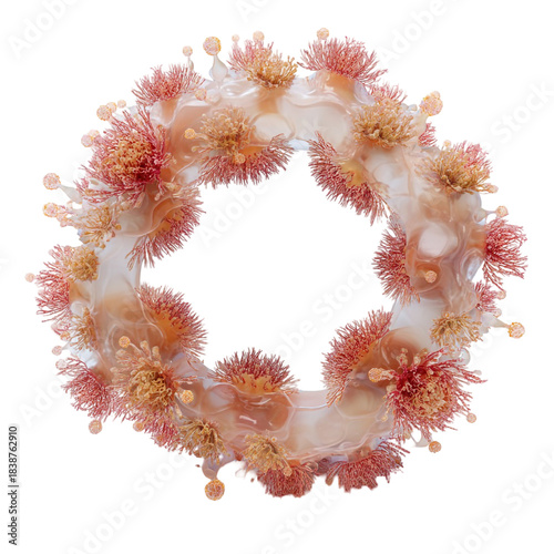 Ring-shaped Biological Organism with Red and Yellow Tentacles, Abstract Microbe or Polyp Frame