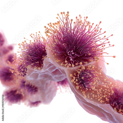 Abstract Microscopic View of Cellular Growth or Polyps on Tissue, Pink and Purple Organism