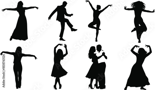 Set of dancing people silhouettes featuring men and women in various poses, including a couple and solo dancers, isolated vector illustration on white background.