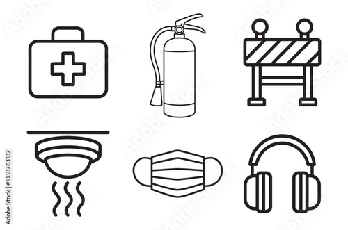 Work safety line editable icon set. Containing workplace security, Safety first, hard hat, insurance, first aid kit, risk management, regulation, and more. editable stroke. Vector illustration
