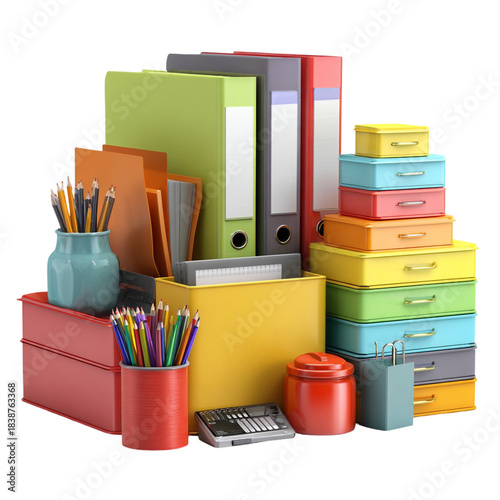 Colorful Desk Organization Set: Binders, Storage Boxes, Pencil Holders, and Stationery on White Background