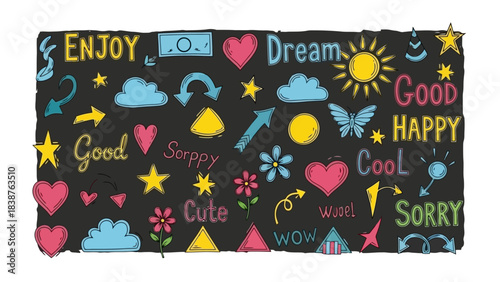Vibrant Hand-Drawn Doodles and Symbols on Dark Background, Joyful Expressions