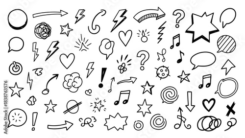 Hand-drawn doodle icons: arrows, stars, hearts, lightning, music notes, speech bubbles