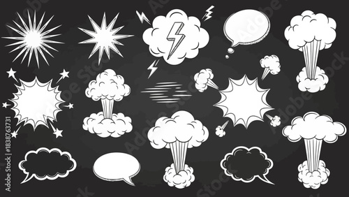 Comic Book Style Speech Bubbles and Explosions on Chalkboard Vector Art