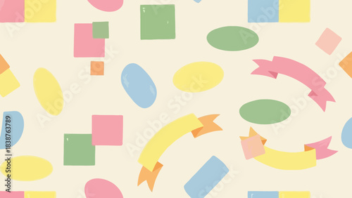 Seamless Pattern of Cute Pastel Shapes and Banners on a Light Cream Background