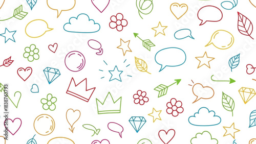Wallpaper Mural Colorful Hand-Drawn Doodle Icons: Hearts, Stars, Crowns, Flowers, and Clouds Torontodigital.ca