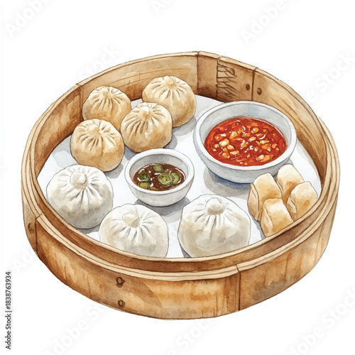 Steaming bamboo basket of delicious dumplings with dipping sauces ready to eat.