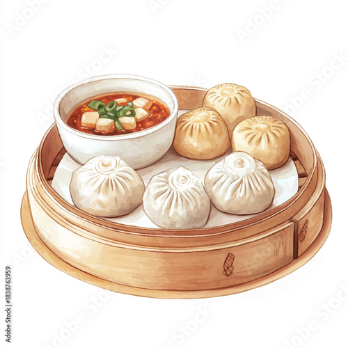 Steaming Basket of Delicious Soup Dumplings and Broth.